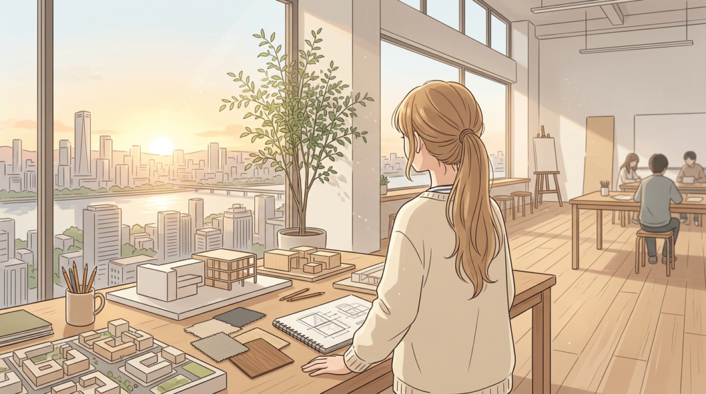 Architect working on architectural models beside city-view studio windows