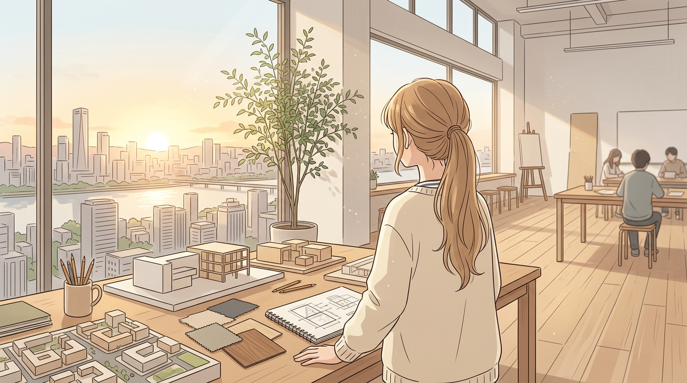 Architect working on architectural models beside city-view studio windows